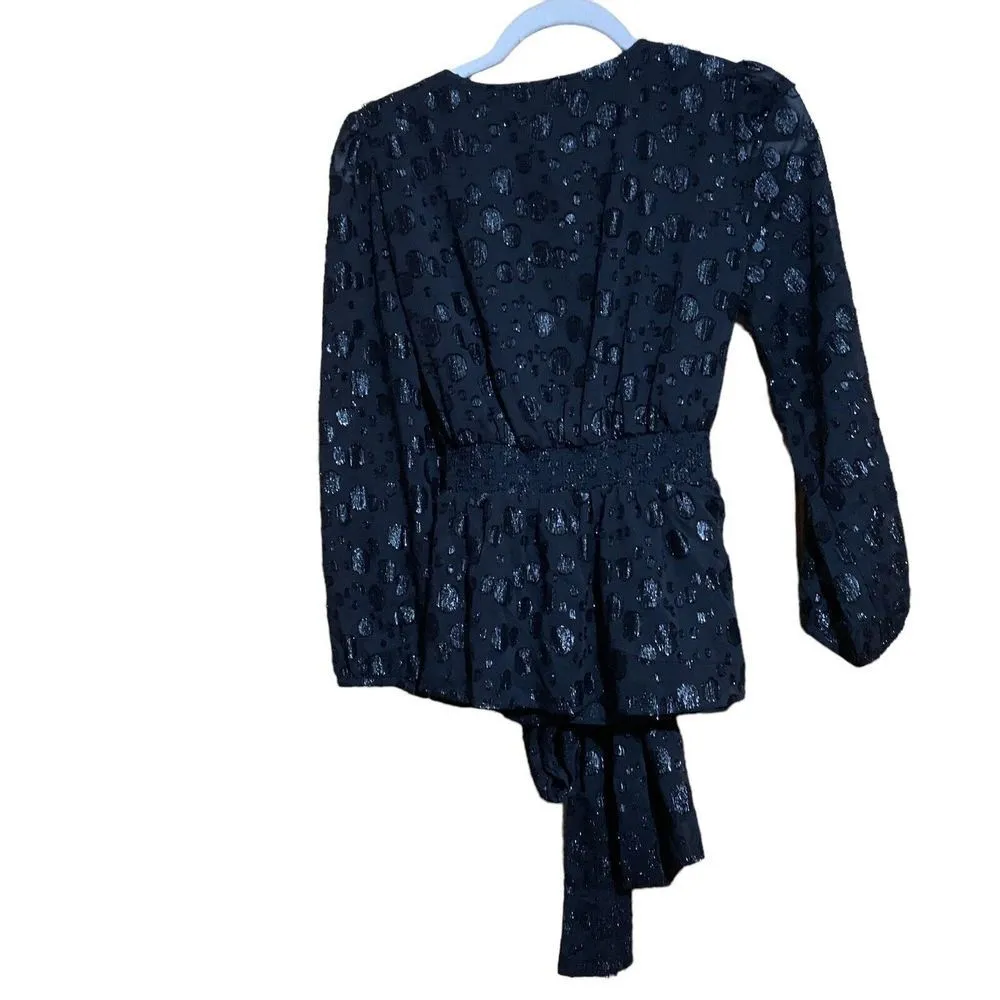 J. Crew Womens Size Small Black Metallic Dots V-Neck Tie Waist Blouse Top - Image 4