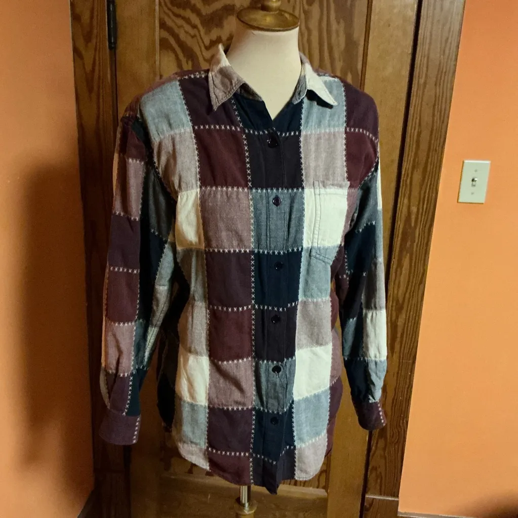 Vtg 90s Multicolor Patchwork Button Down Shirt Size L - Image 6