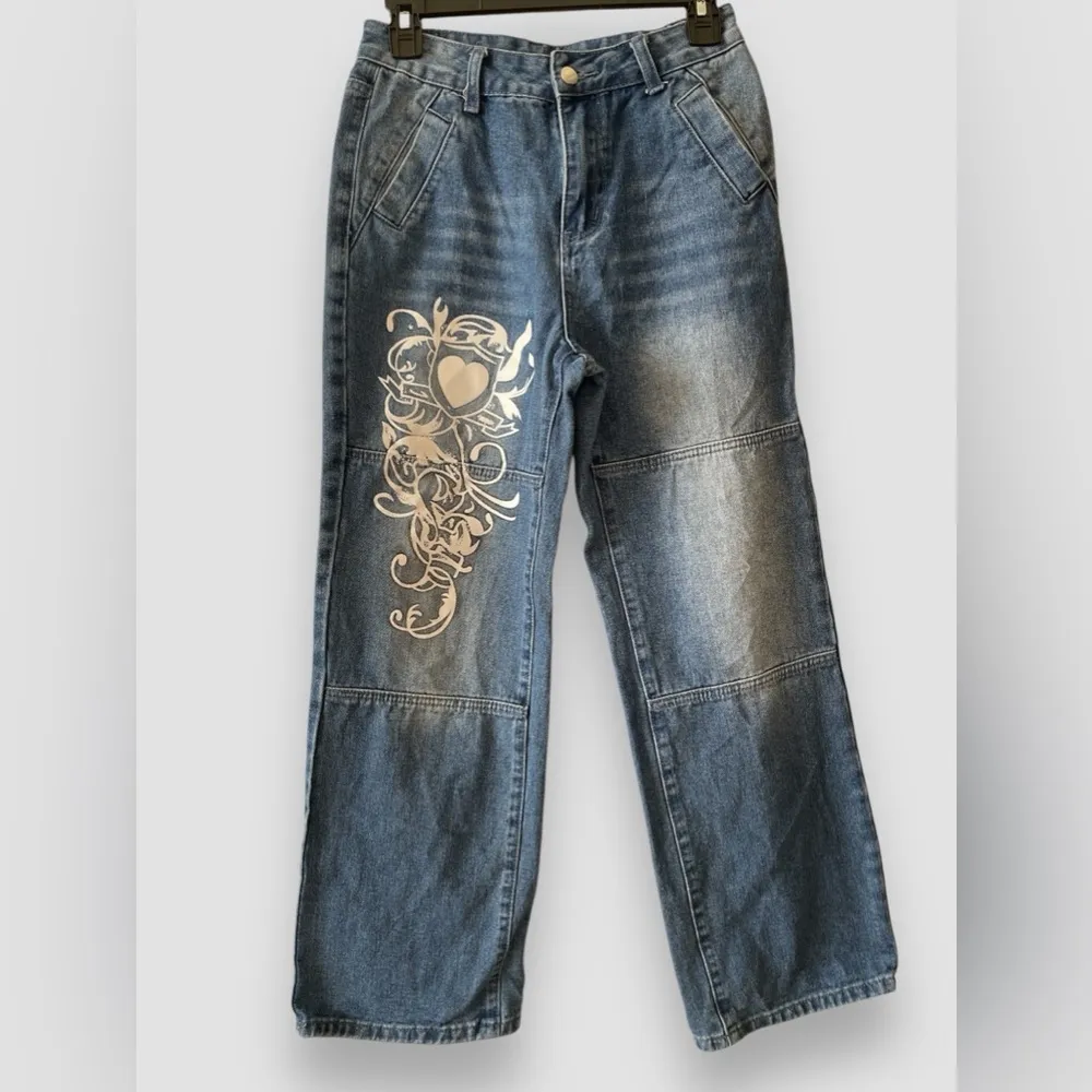 Women Low Rise Washed Baggy Jeans Heart Floral Graffiti Wide Leg Denim Sz Sm - Image 3