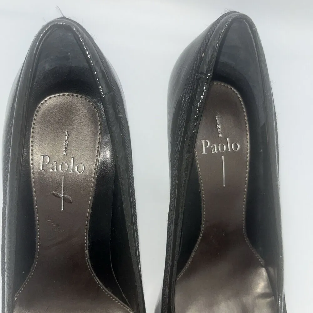 Linea Paolo Size 5 M Black Open Toe Patent Leather Bow Ribbon Accent Peep Toe - Image 6