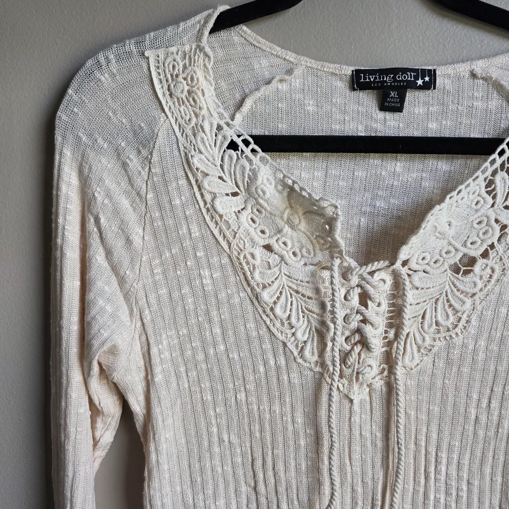 Living Doll Crochet Lace Lace-up Neckline Ribbed Long Sleeve Top Size XL Cream - Image 4