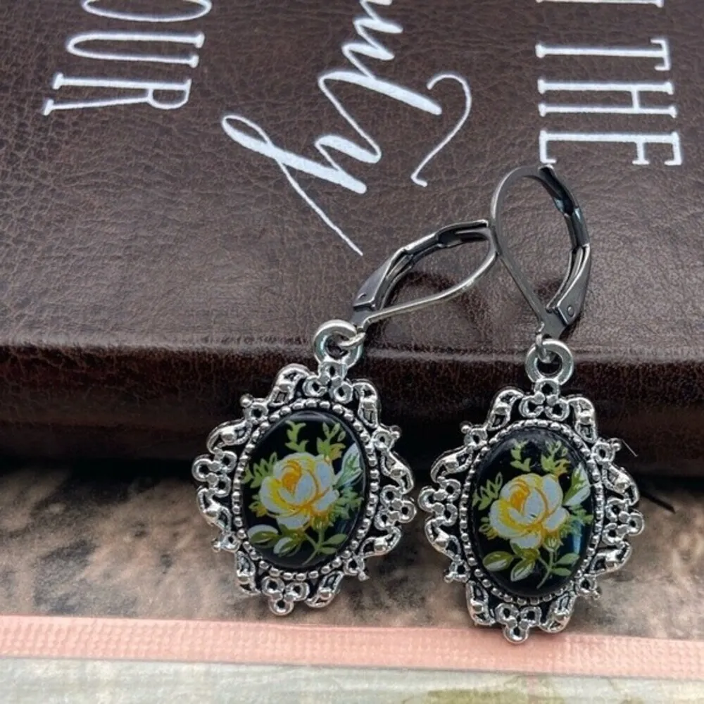 Yellow Rose Floral Cameo Earrings Stainless Steel Handmade Vintage Cabochon Black - Image 4