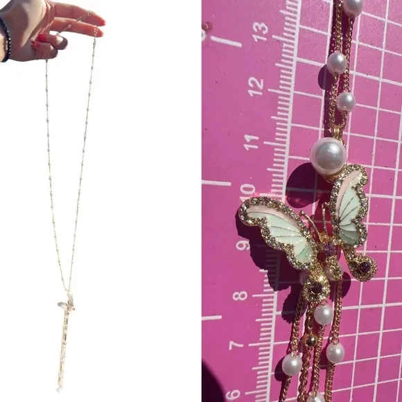 Anne Klein gold tone Y-drop long pearl necklace diamonds paved butterfly pendant - Image 2