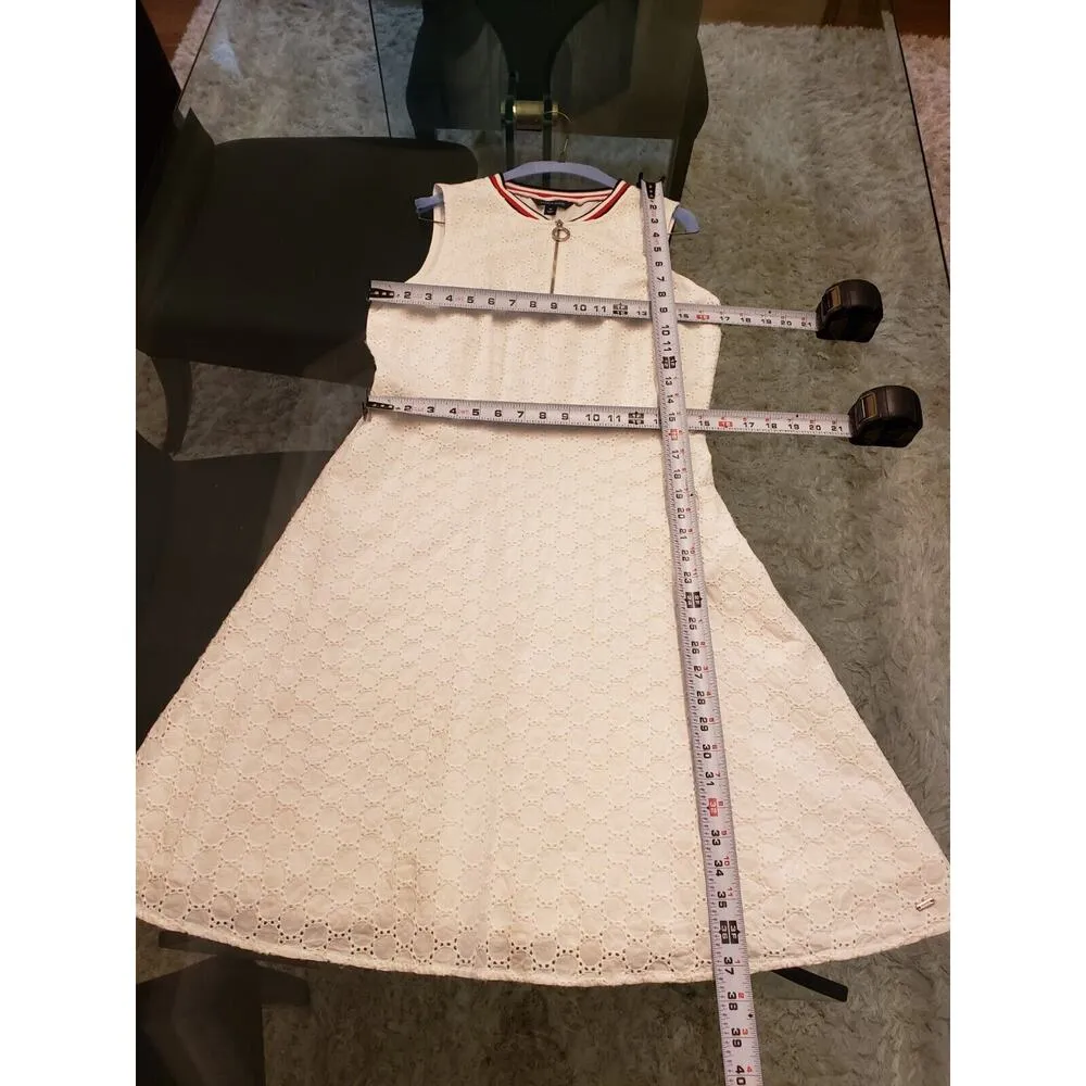 Tommy Hilfiger Womens White Eyelet Sleeveless Half Zip Front A Line Dress Size M - Image 15