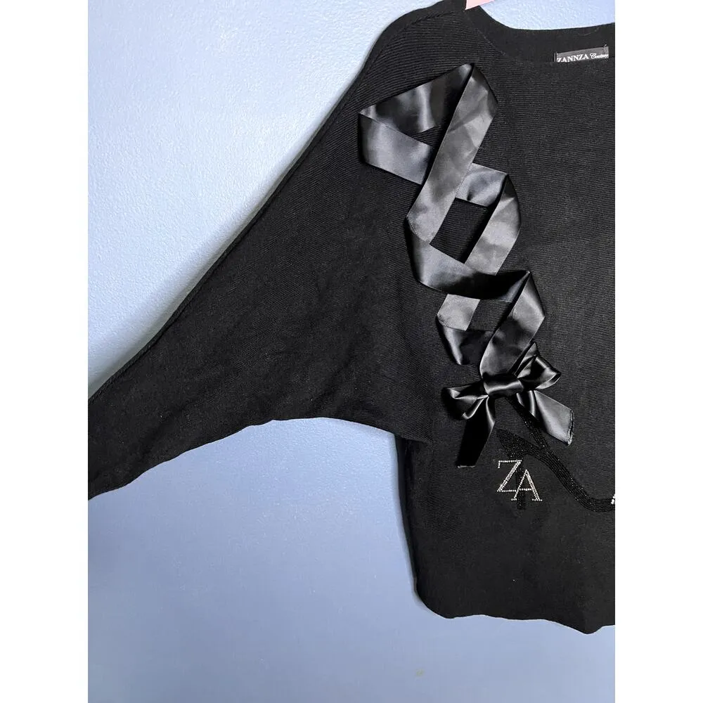 RARE! Zannza Couture Shoe Sweater Women's Size Large Poncho Laced up High Heel Black - Image 3