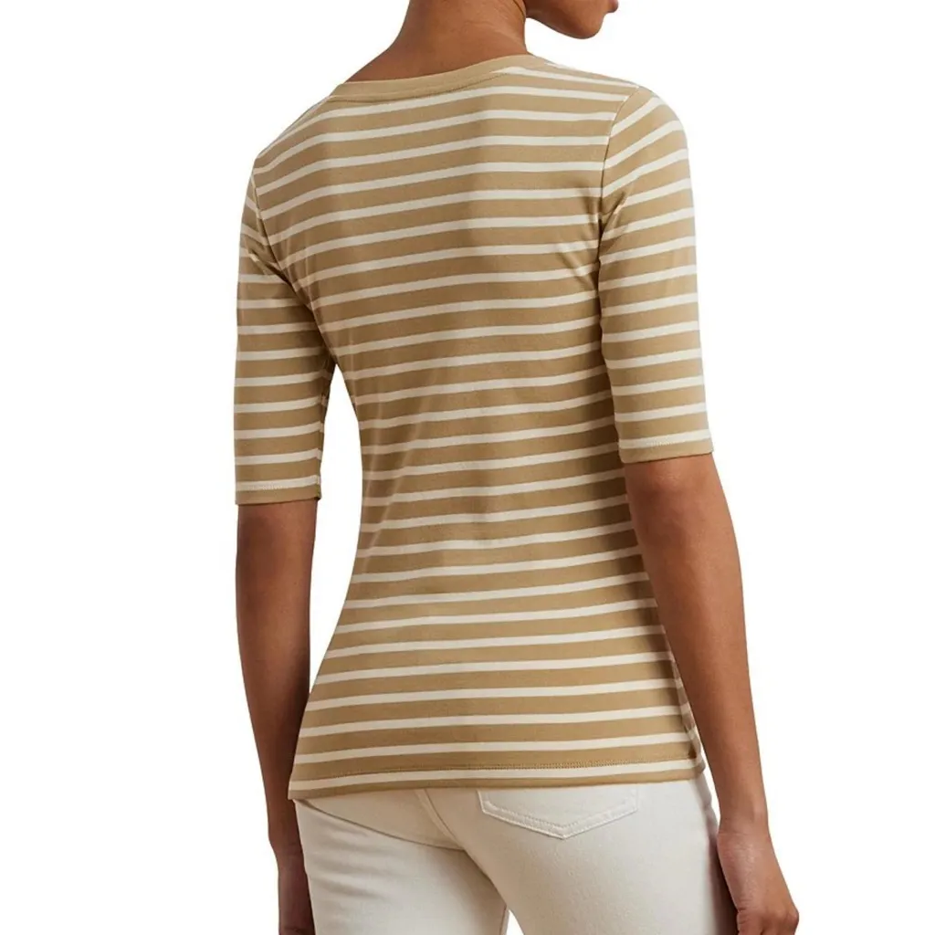 Black Label Lauren Ralph Lauren 1X Ribbed Knit Striped Neck Elbow Length Henley Tan - Image 12