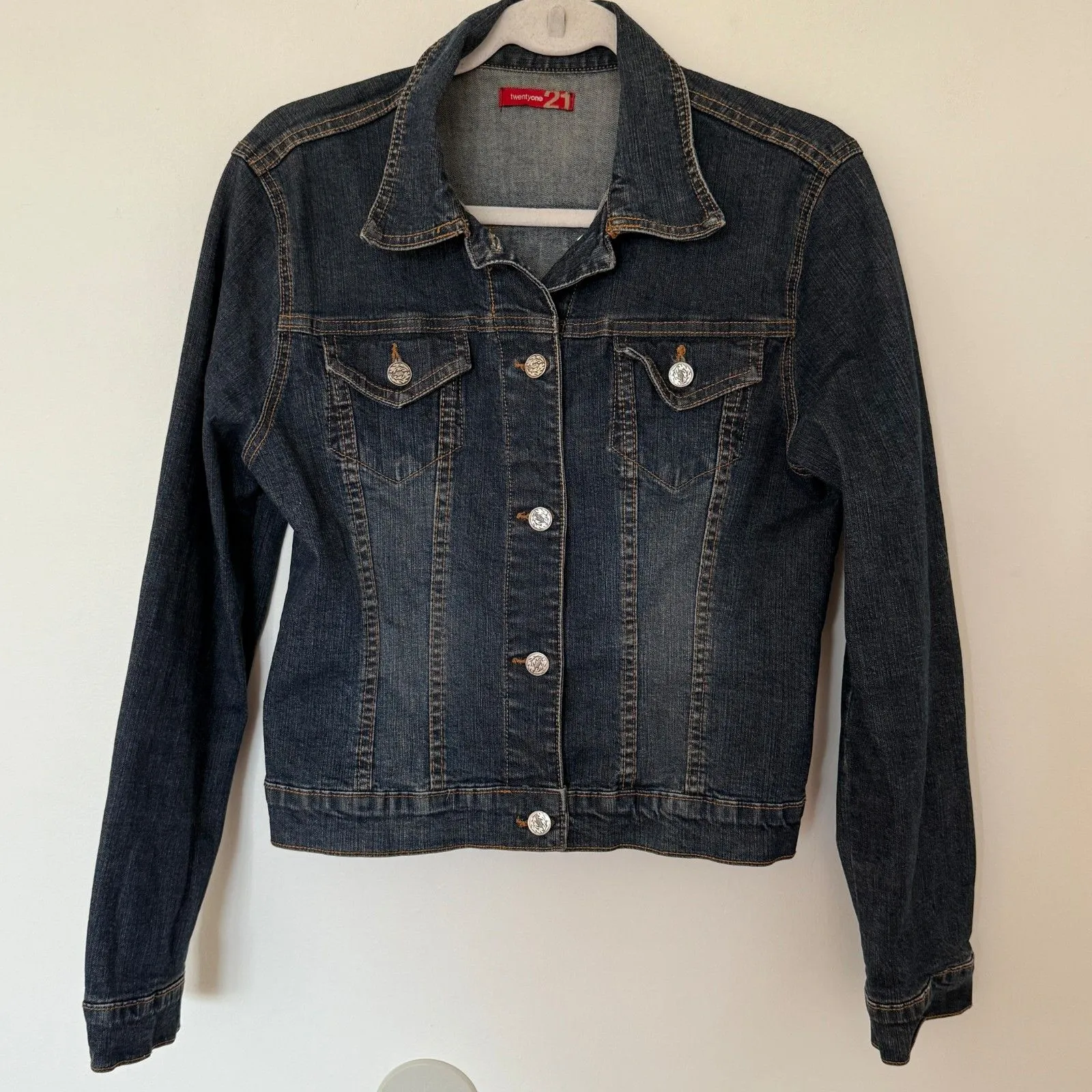 Twentyone Forever 21 Y2K Slim Fit Blue Denim Jean Jacket Dark Wash Aesthetic L - Image 2