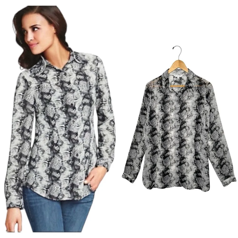 Cabi Top Womens Large Black Gray Snake Print Reptile Sheer Long Sleeve Button Up - Image 2