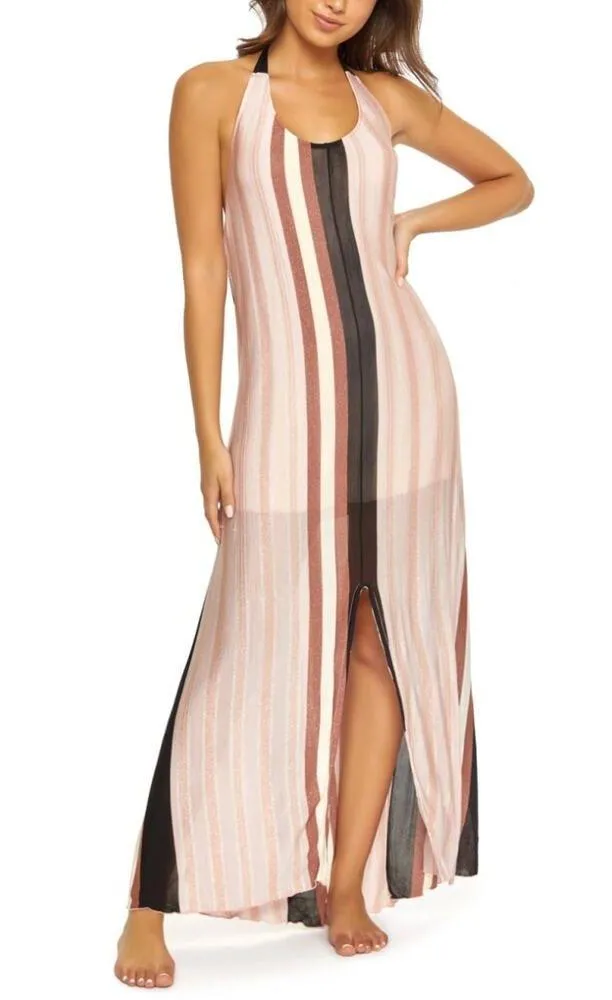 PilyQ Pink Black Striped Glitter Maxi Halter Dress MEDIUM /LARGE Beach Faith NEW - Image 2
