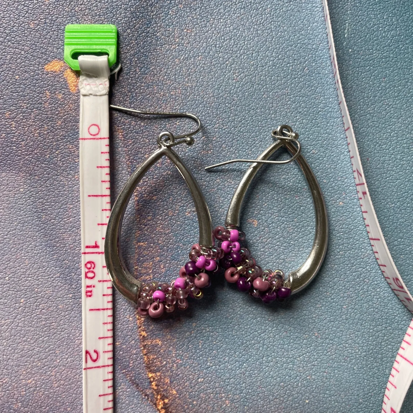 Silver Teardrop Hoop Earrings Beaded Purple Pink Cluster Dangles Y2K Early2000s - Image 6
