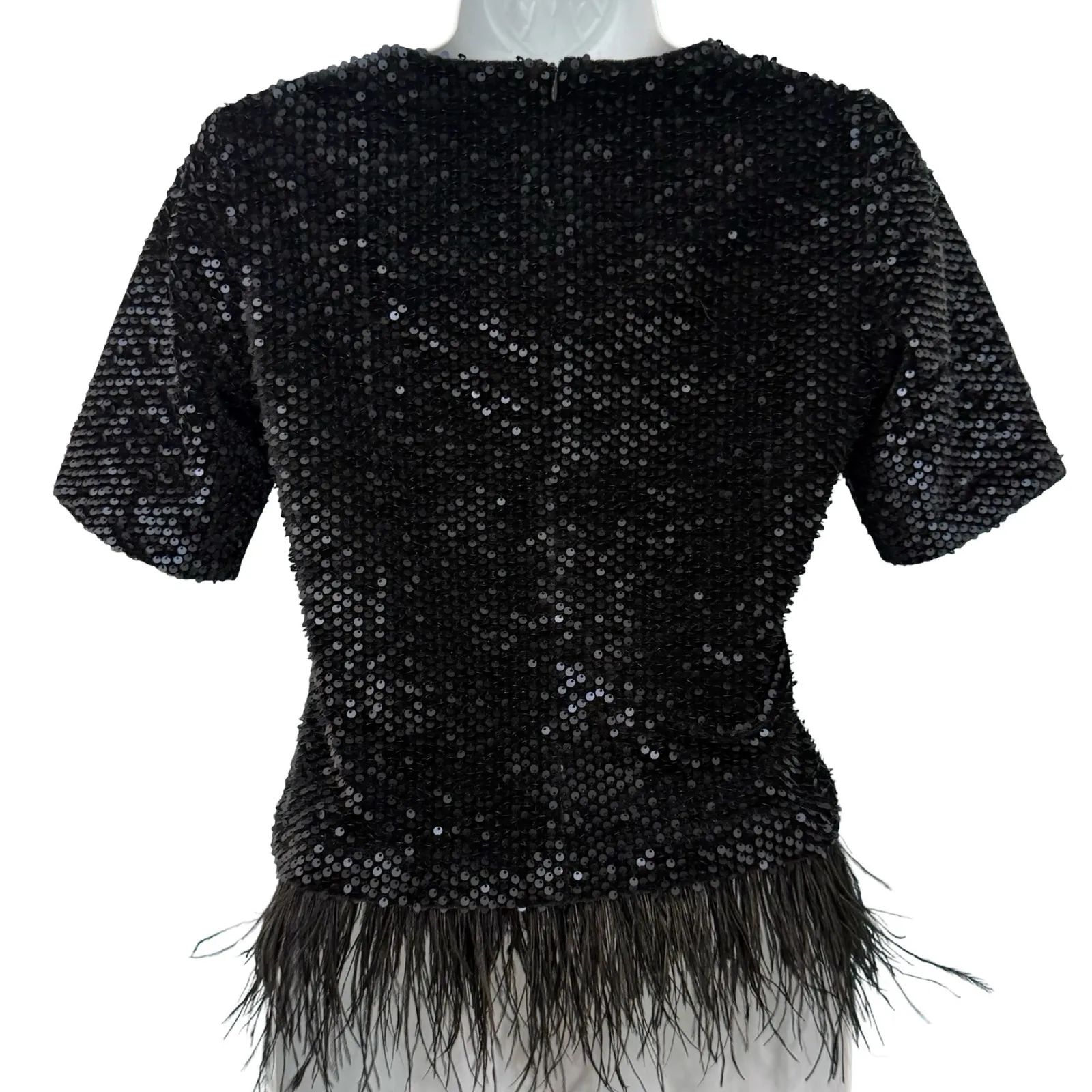Ann Taylor Black Sequin Short Sleeve Feather Trim Round Neck Shirt Top Size XS - Image 8