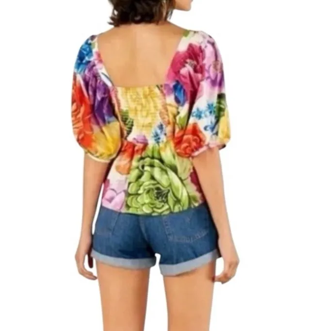 FARM RIO Rainbow Chita Empire-Waist vibrant Floral puff sleeve Blouse resortwear - Image 8