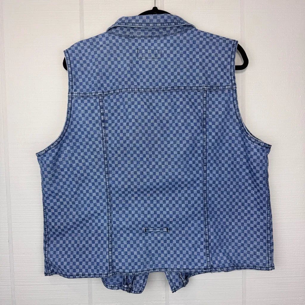 Vintage Fore Warned Checkered Denim Statement Vest Button Up Sleeveless Retro 20 Blue Size undefined - Image 3