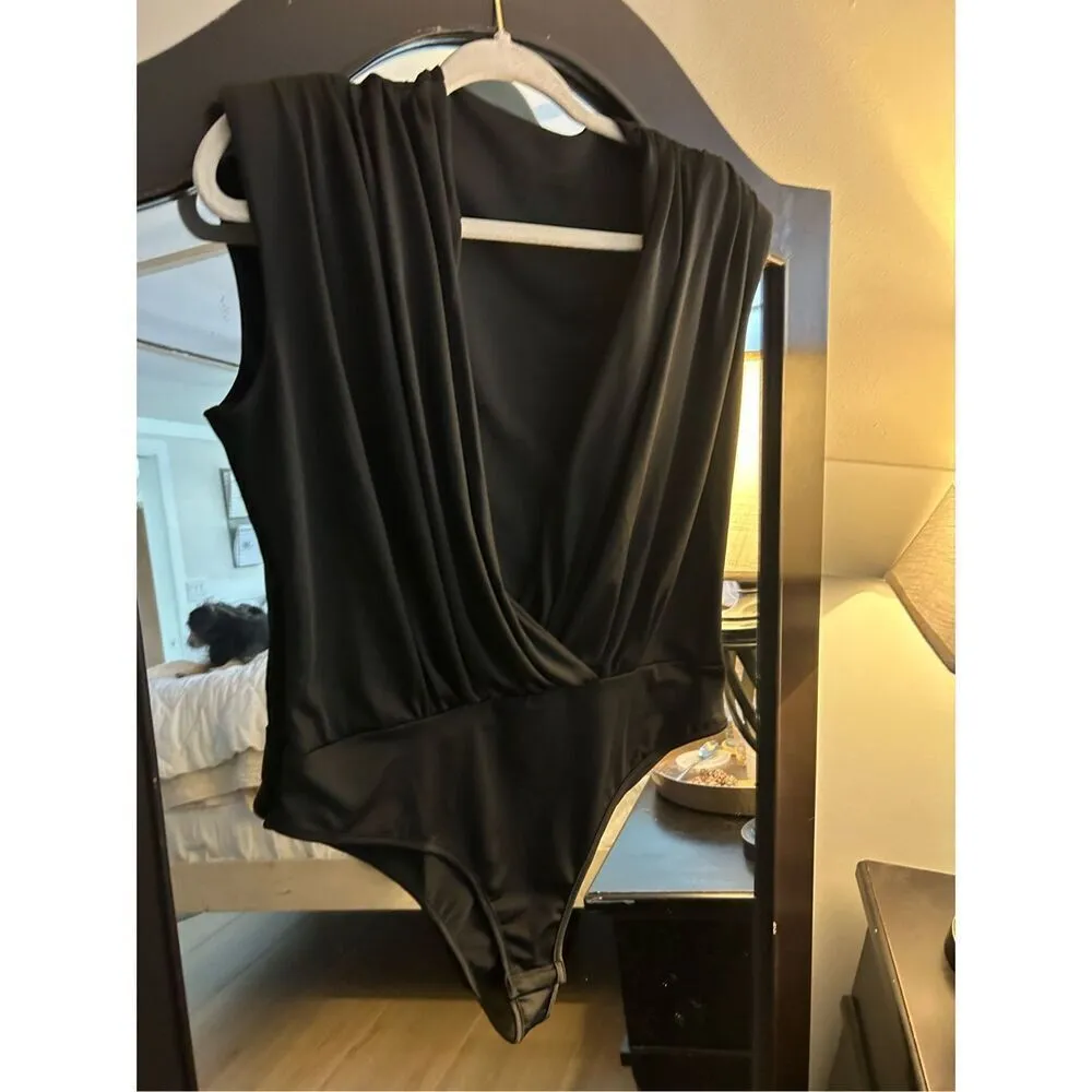 NEW Shoulder pads Ruched Sleeveless Tank Leotard Bodysuit Top XL Black - Image 6