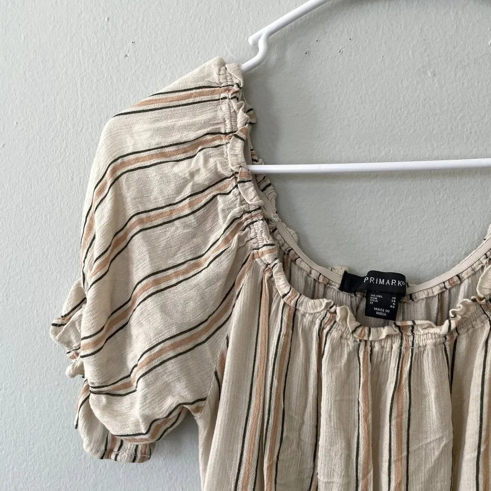 Primark beige orange gray striped off the shoulder short sleeved top size 6 - Image 2