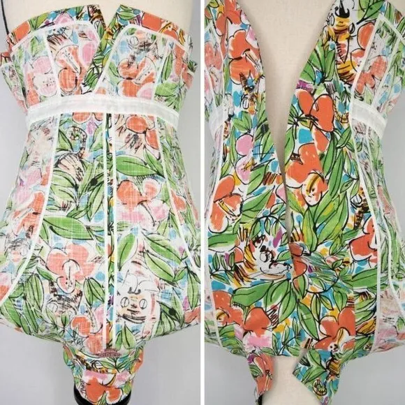Vintage floral print short sleeve jacket, green and red, cotton blend‎ Size XXS - Image 15