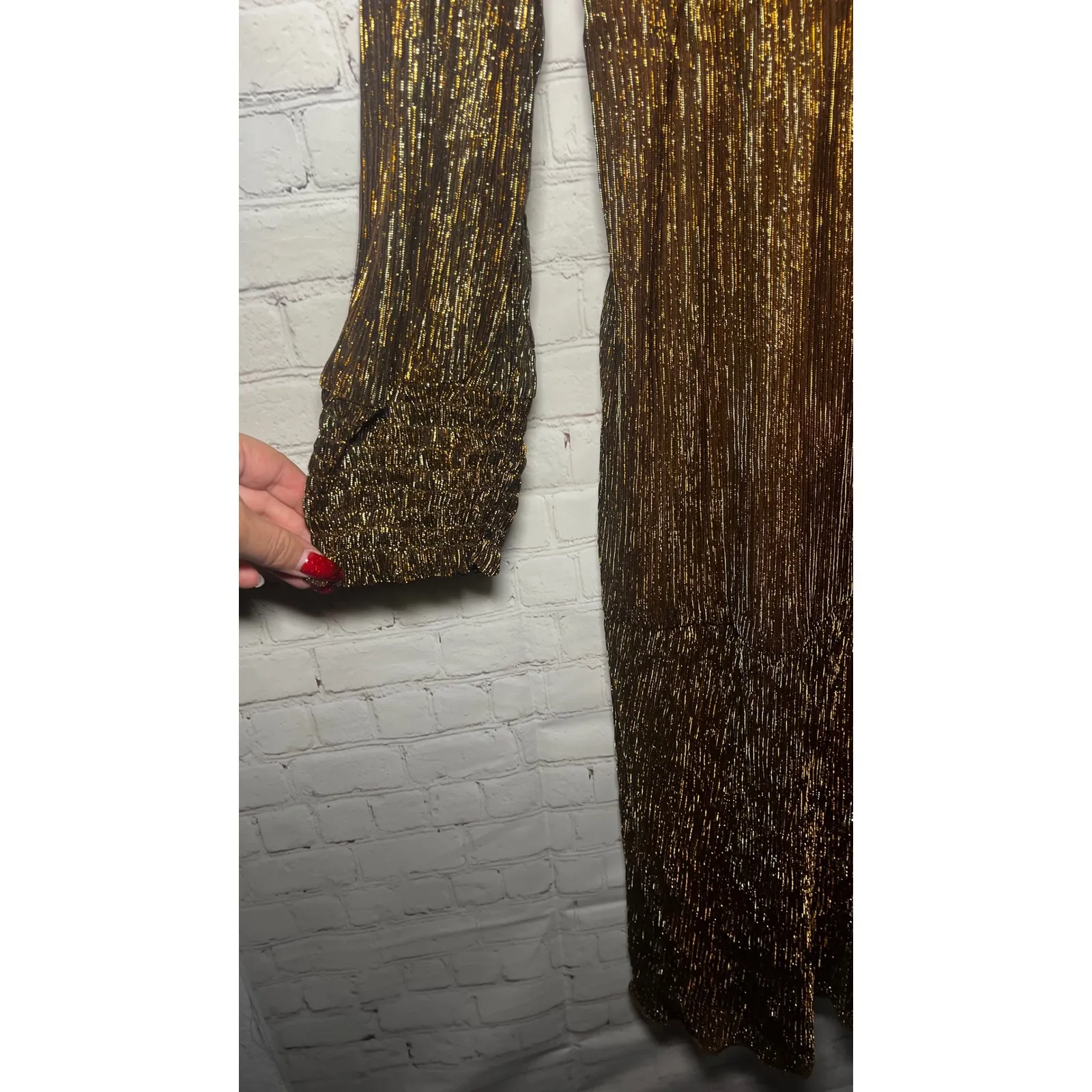 NY Collection Brown Metallic Sparkle Long Sleeve V Neck Tiered Midi Dress Sz XL - Image 8