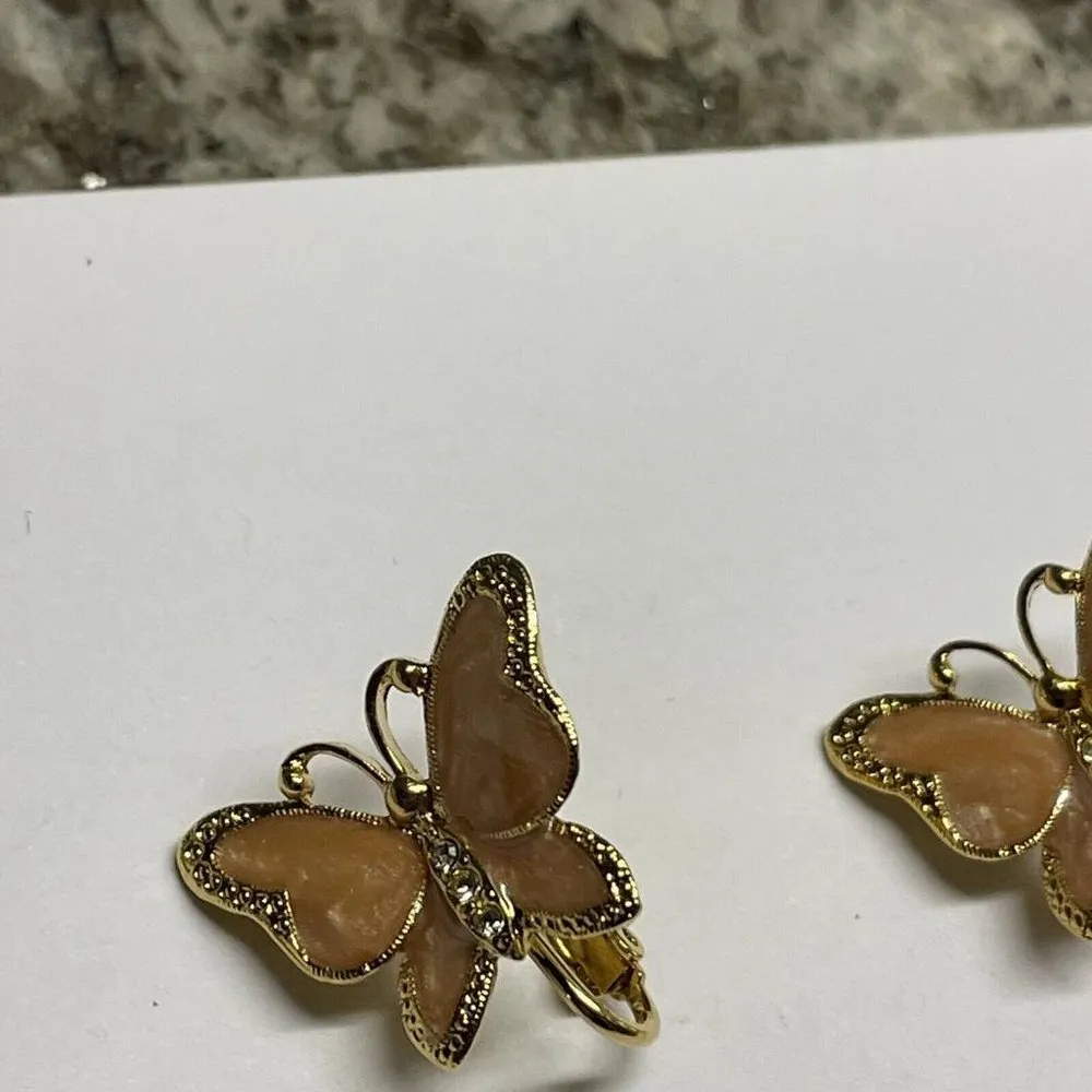 Women's Clip On Earrings Gold Tone Butterfly Insect Pink Enamel / Rhinestone - Image 8
