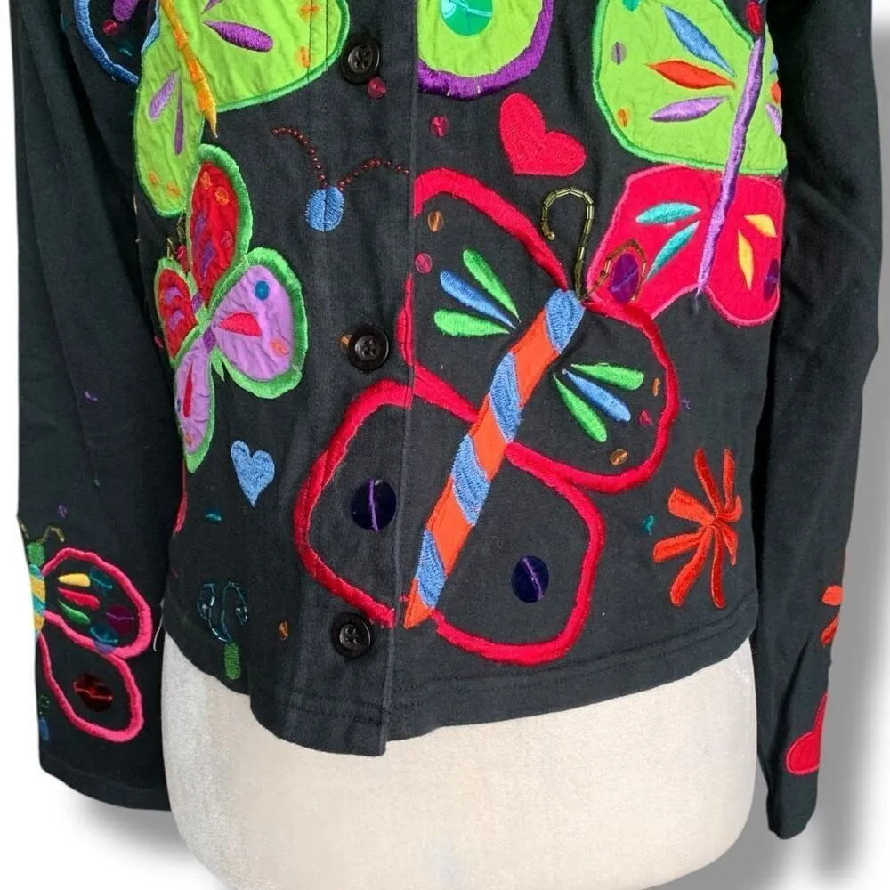 Vintage 90s Michael Simon Lite Cardigan Black Long Sleeve Colorful Butterfly - Image 5