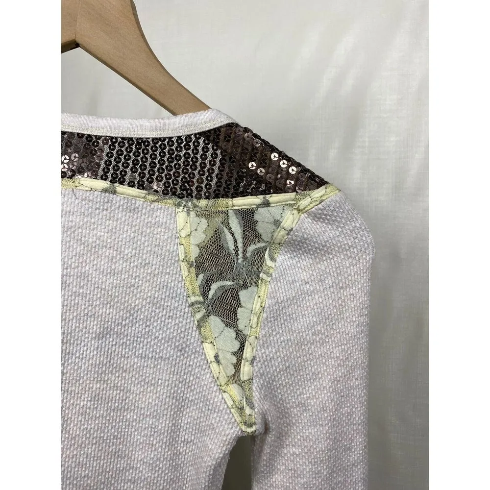 Free People Henley Thermal Top Beige Brown Sequin Lace Sz S Boho Y2K Waffle Knit - Image 5