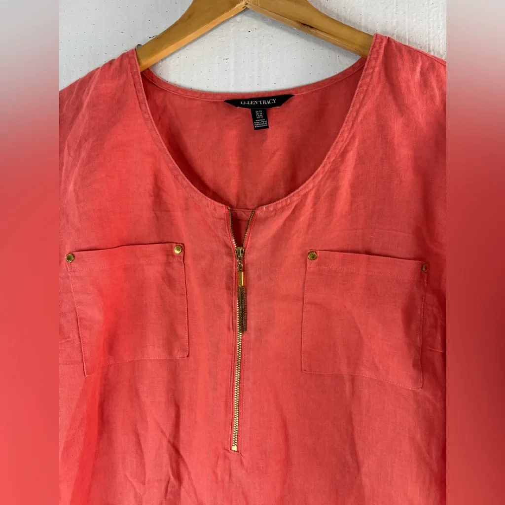 Ellen Tracy 1X Linen Button Up Sleeve Pocketed Tunic Top in Coral - Image 3