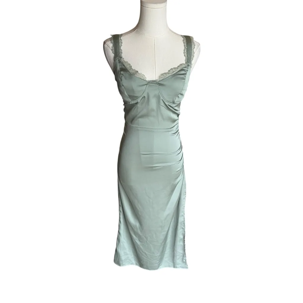 ASTR The Label - NWT Alva Ruched Lace Trim Midi Slip Dress Sage Green Sz S - Image 9