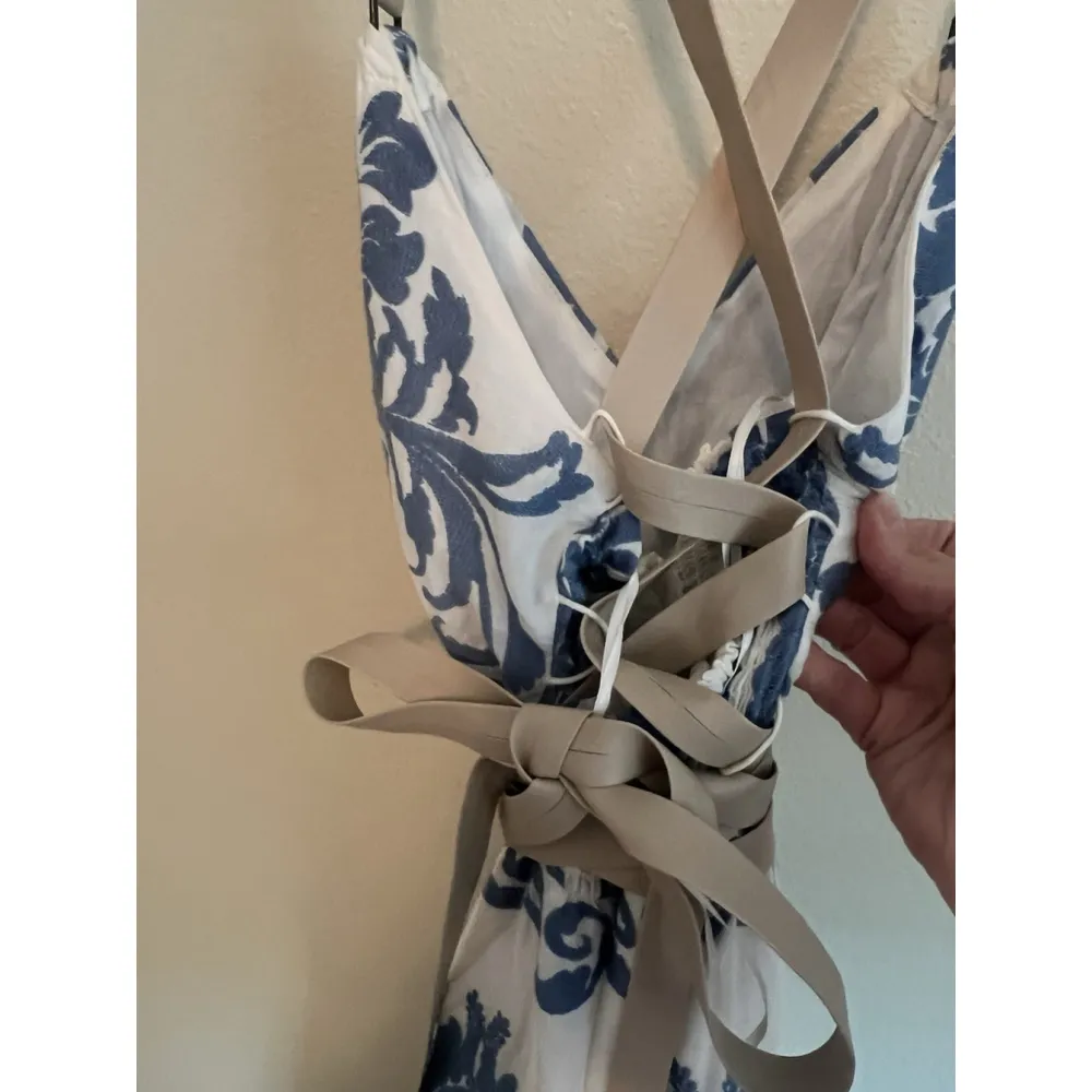 A Loves A Coastal Wrap Corset Dress Womens Size L Blue White Embroidered Floral - Image 7