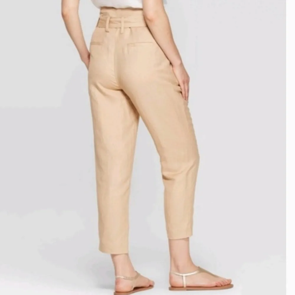 High Waisted Paper Bag belted Linen blend pleated front womens pants - Image 2