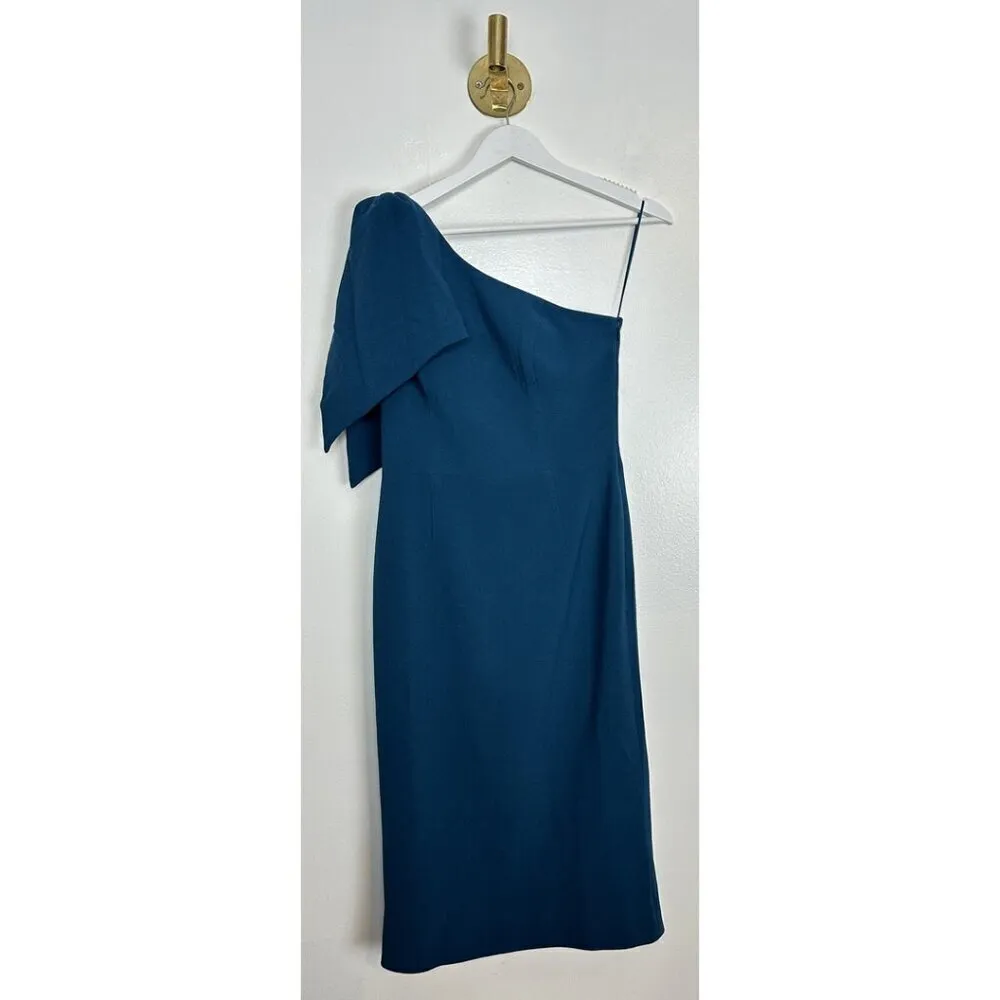 DRESS THE POPULATION Tiffany One-Shoulder Midi Dress in Peacock Blue Size Medium - Image 6