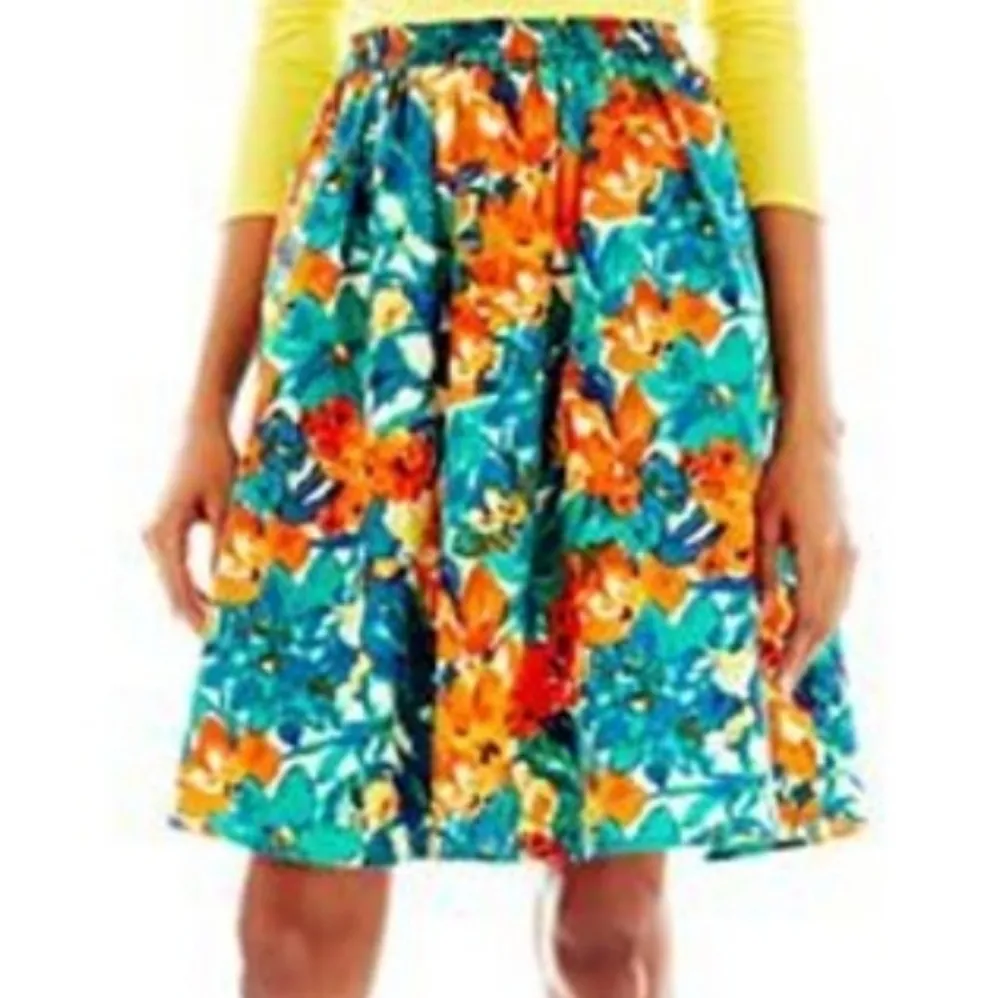 Duo Olowu Green Orange Floral Pull On Full Circle Skirt Size Medium - Image 2