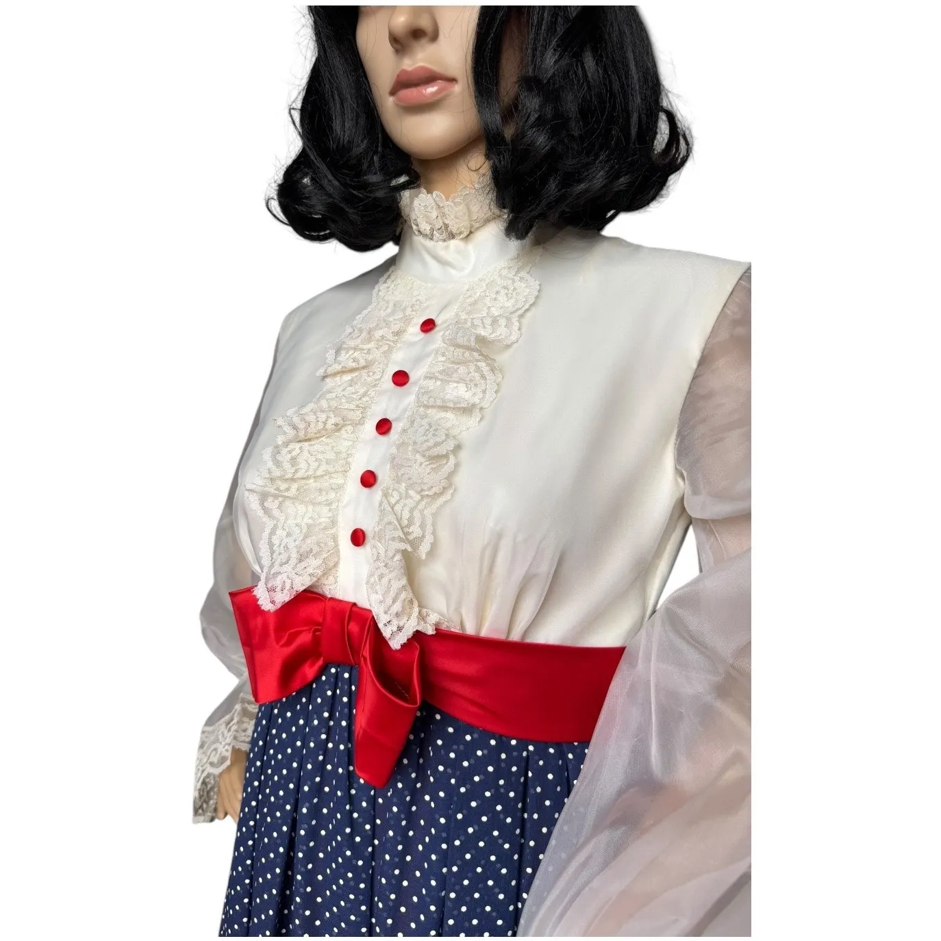 1970s Prairie Victorian Maxi Dress Sheer Sleeves Lace Bib & Red Bow small- med - Image 12