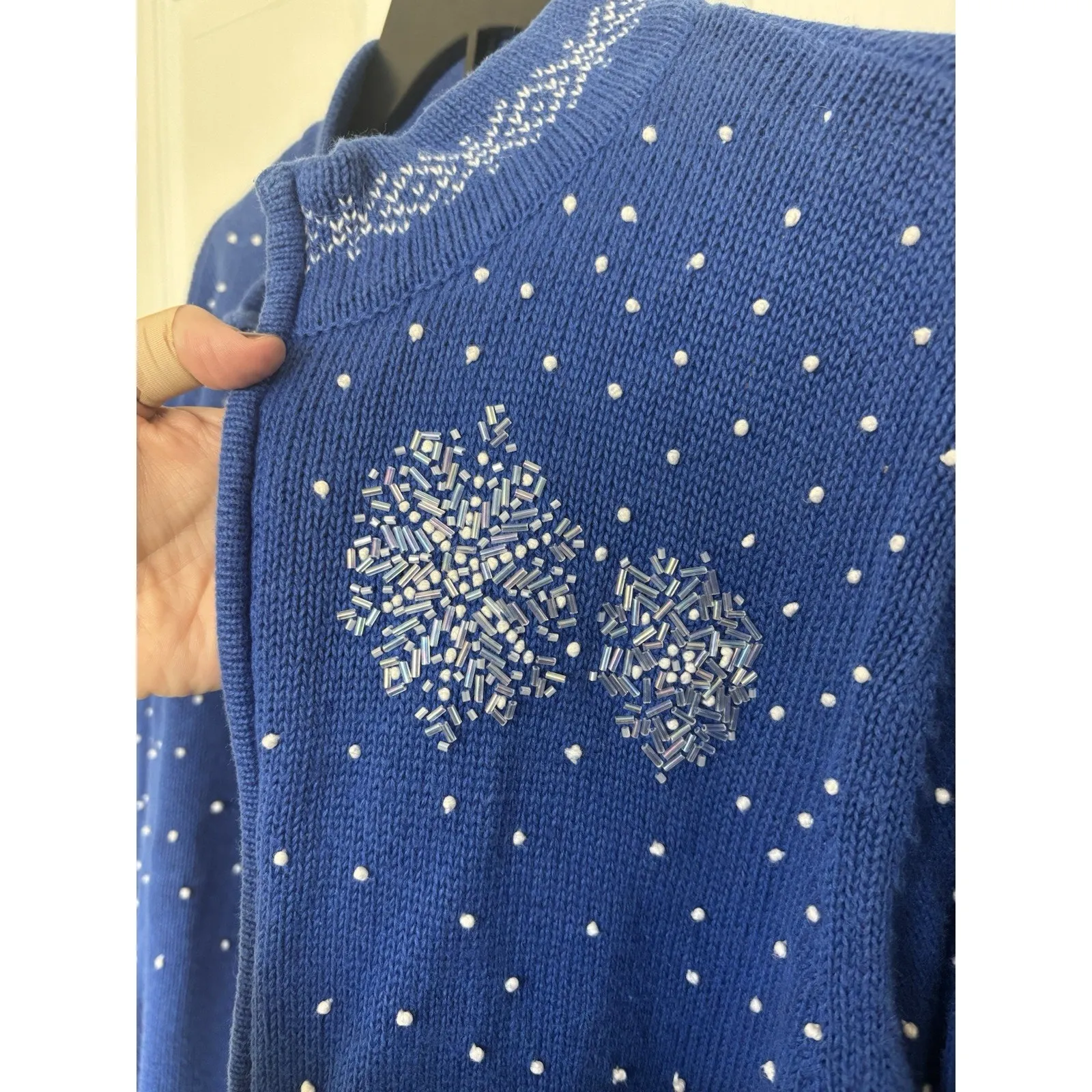 VTG Draper’s & Damon’s Blue Beaded Snowflake Full Zip Cardigan Size LP Winter - Image 6