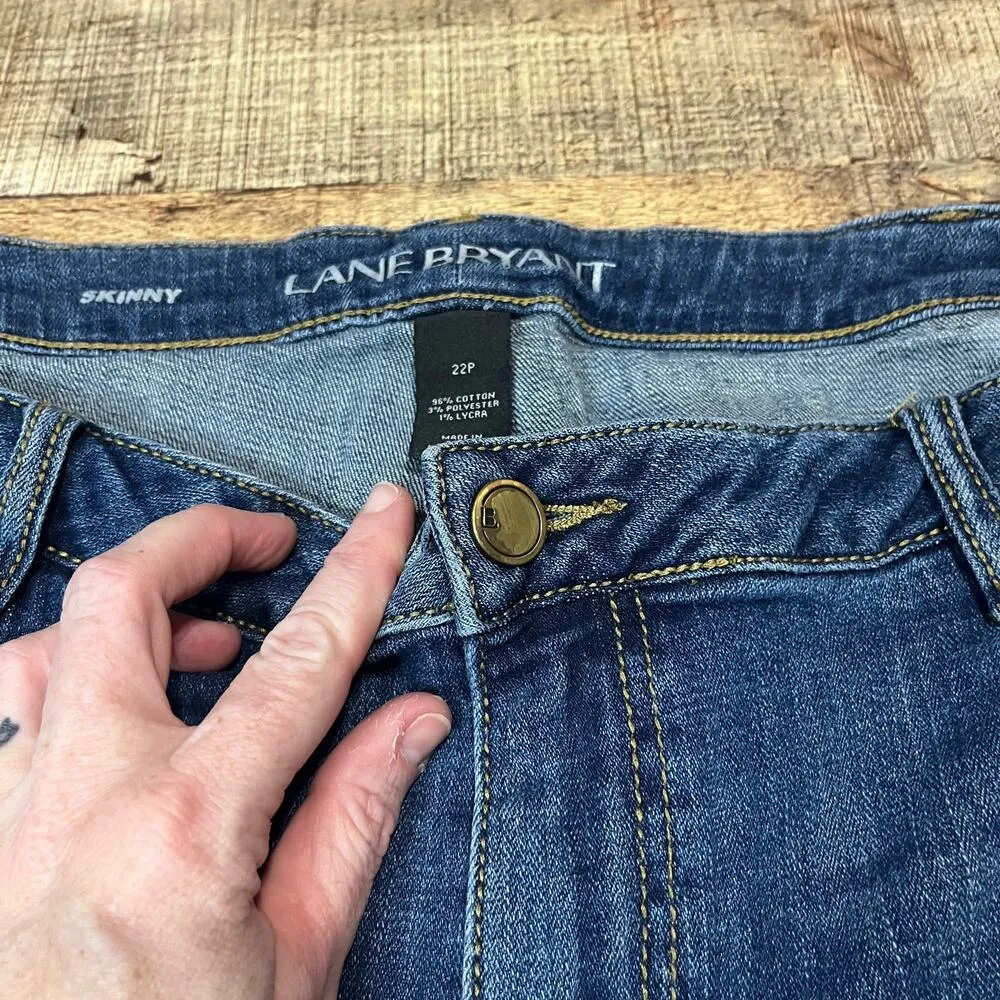 Lane Bryant | Women's Medium Wash Distressed Plaid Patches Skinny Jeans Sz 22P - Image 4
