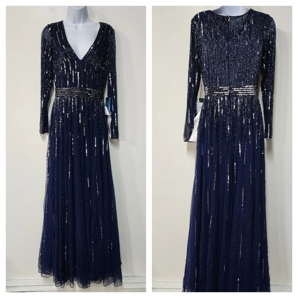 MAC DUGGAL SEQUINED V NECK ILLUSION SLEEVE A LINE GOWN Size 4 - Image 3