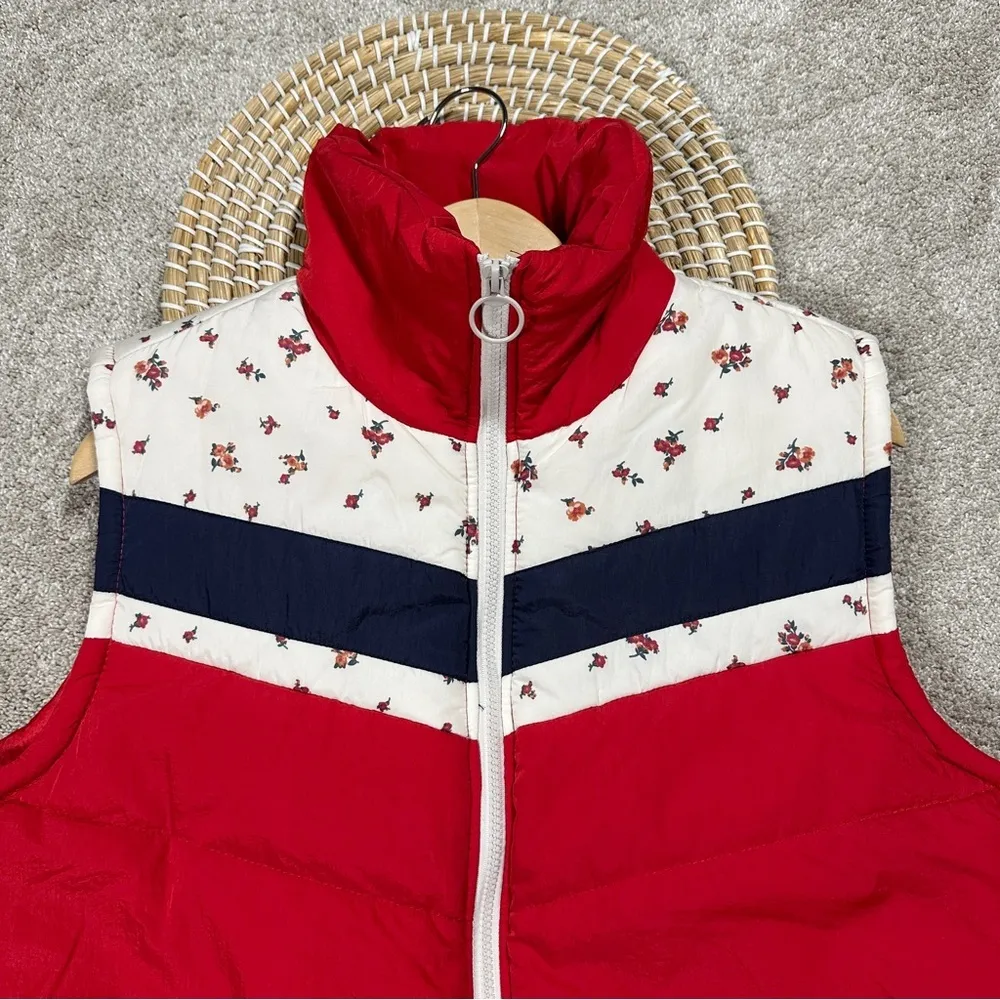 Wild Fable Red Multi Poppy Full Zip Puffer Nylon Vest Retro 90s Style Size XL - Image 2