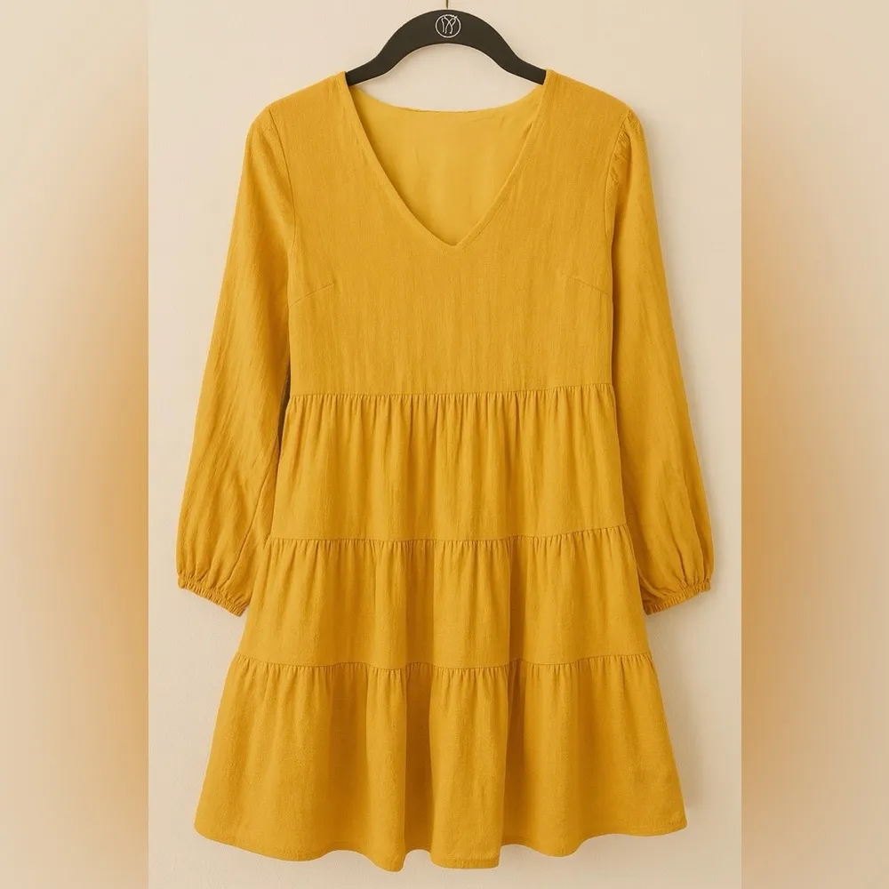 Ruffled Mustard Babydoll Dress Boho Fall Cottagecore Pumpkin Tiered Mini XS - Image 2