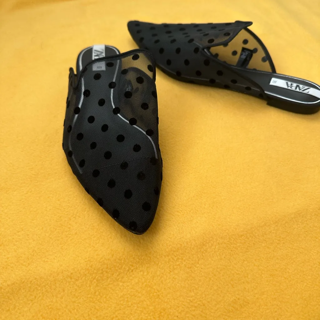 Zara Black Mesh Polka Dot Mules - Image 5