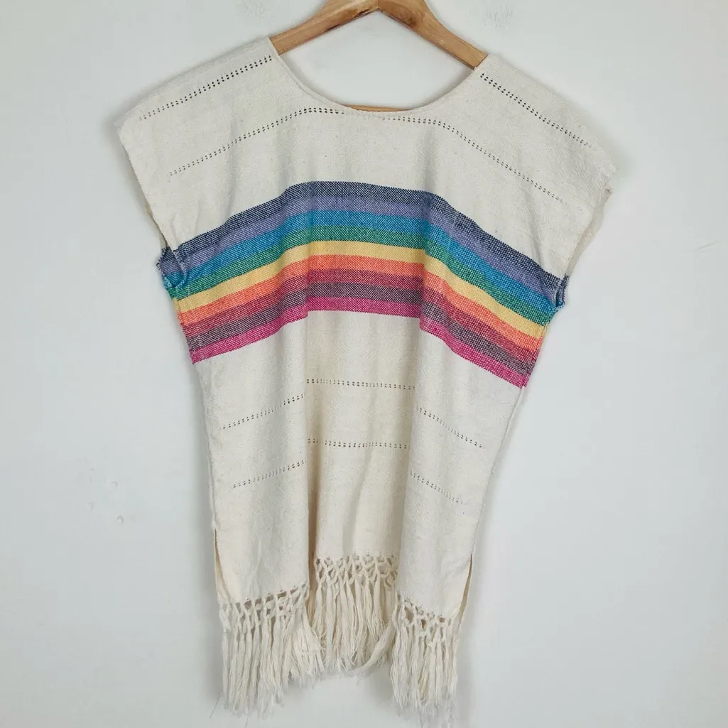 Nativa handmade cream with rainbow motif textured fringed one size poncho top Blue - Image 5