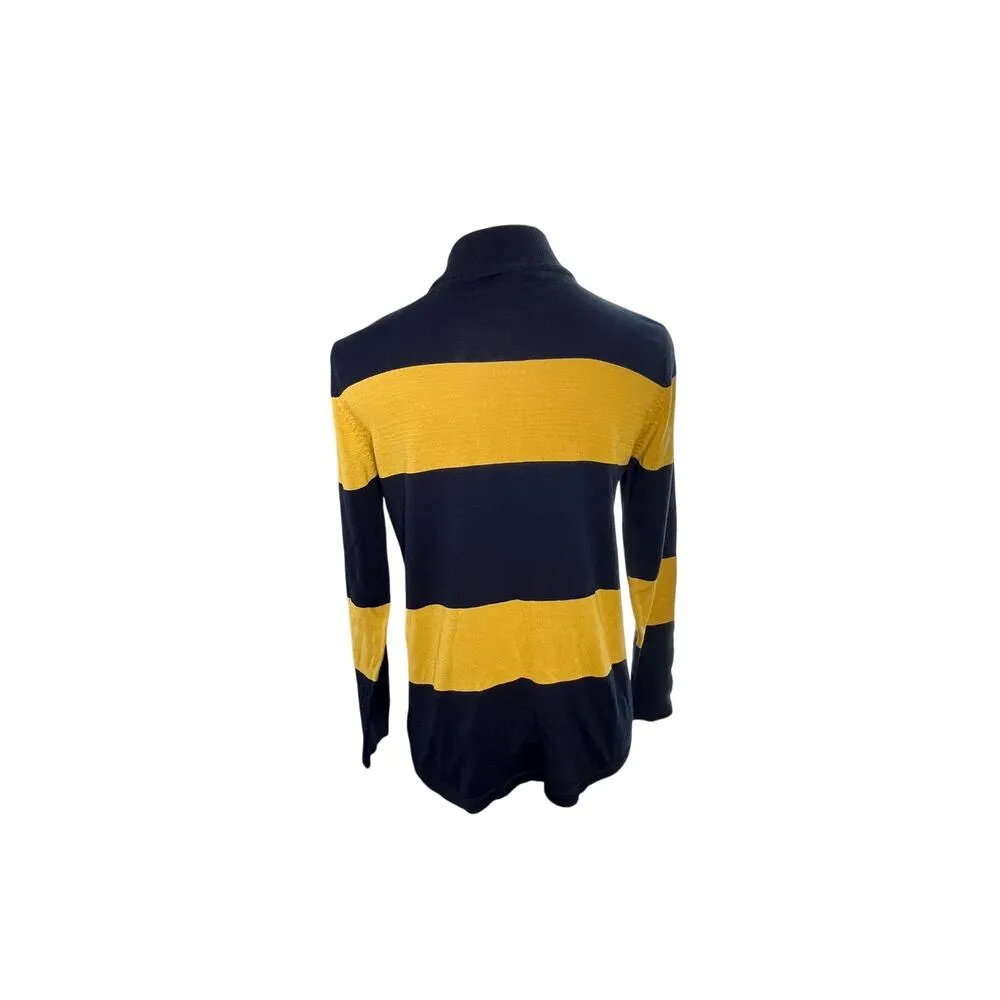 August Silk Sweater Small Navy Yellow Stripe Mock Neck Pullover Long Sleeve - Image 6