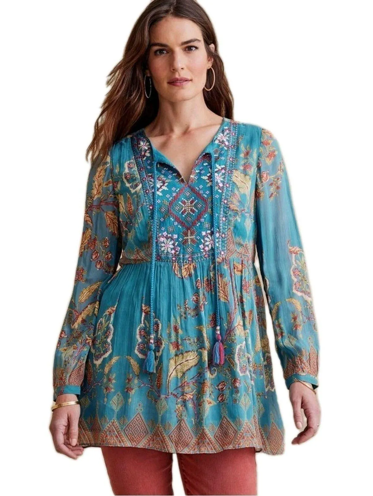 SOFT SURROUNDINGS Mirapani Tunic Blue red Boho Print Embroidered Women's Large - Image 1