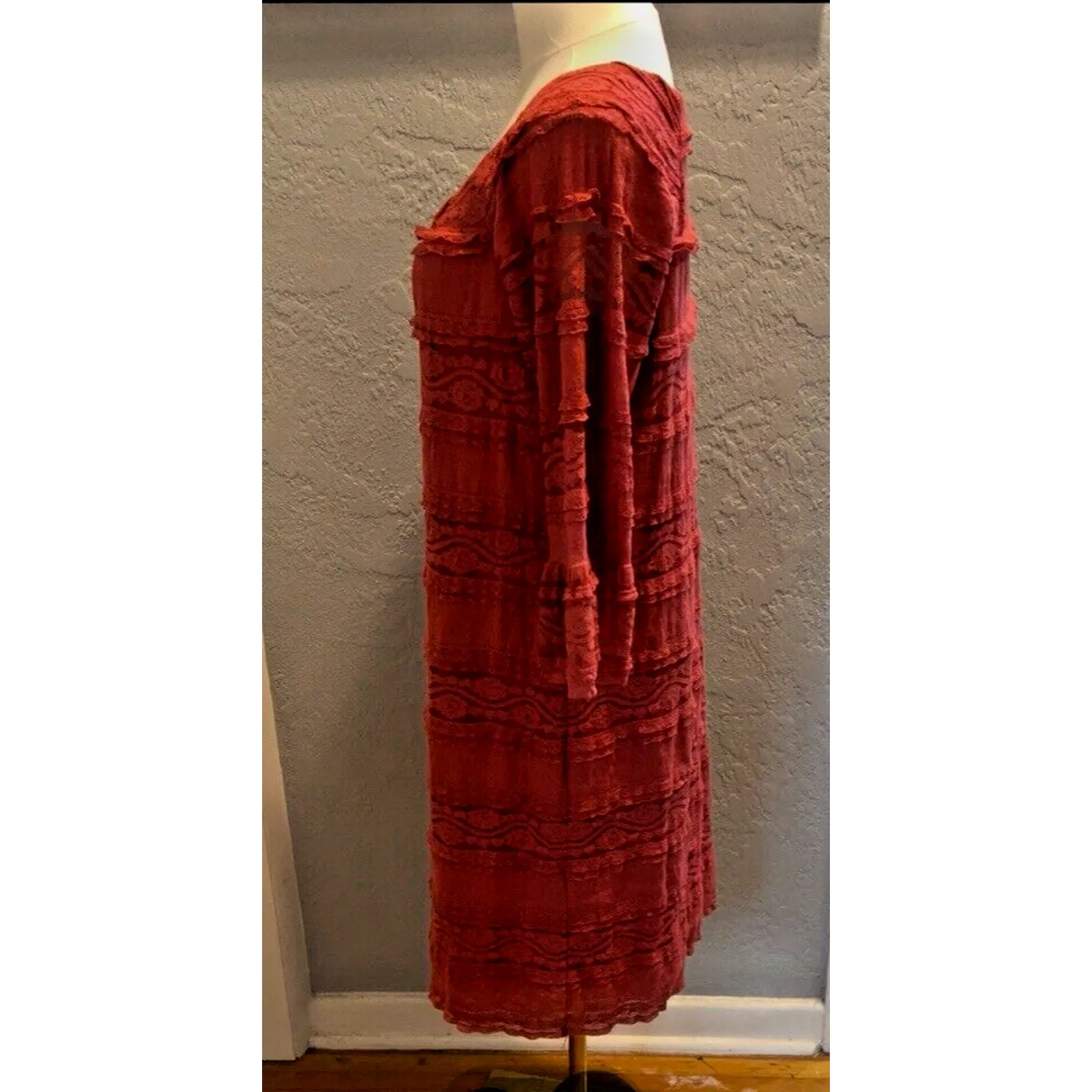 Chris McLaughlin Women Dress SZ 12 Coral Lace Crochet 3/4 Bell Sleeve Scoop Neck Pink - Image 4