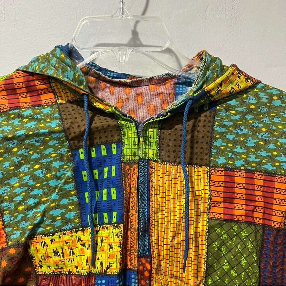 Patchwork hoodie handmade Multicolor 1/2 Zip Women Medium70s Boho Hippie Funky l Orange Size M - Image 3