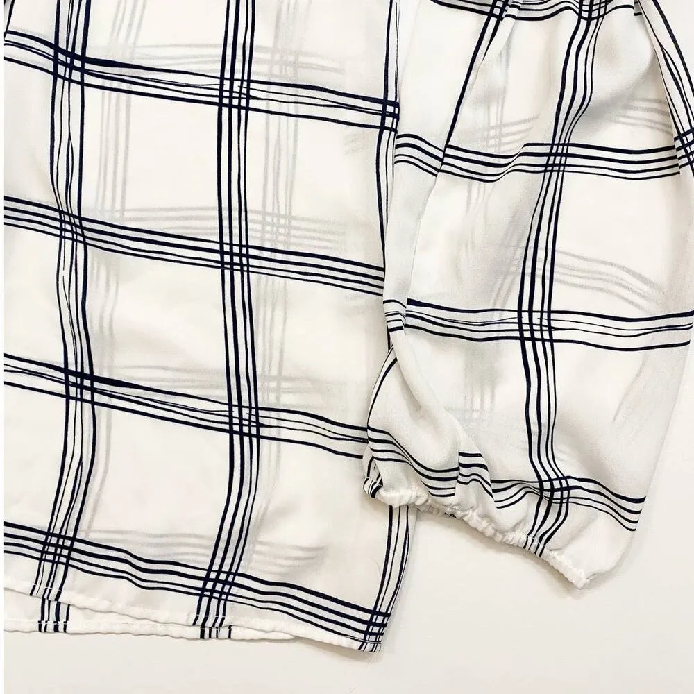 Loft Women's Tops Ruffle Tie-Neck White Blue Windowpane Dress Blouse‎ - L - Image 11