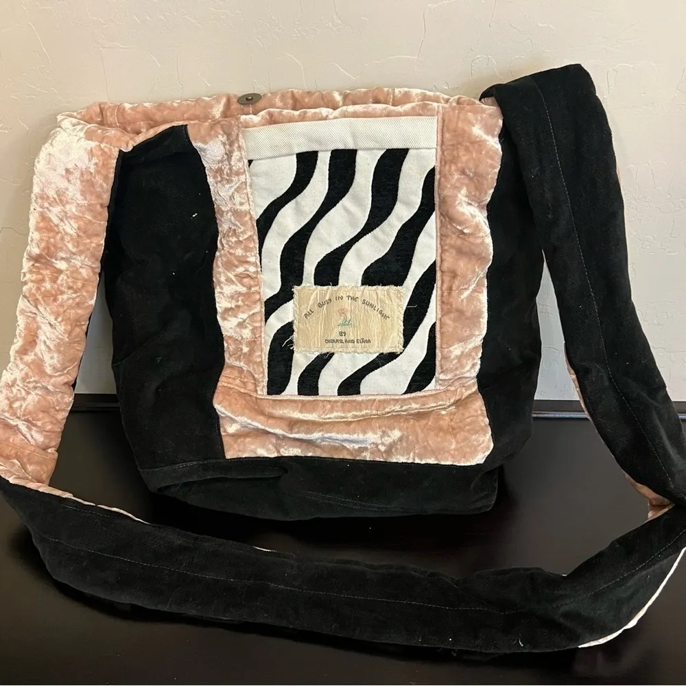 Velour Double sided crossbody Bag, boho chic,zebra print, lace accent Black - Image 6