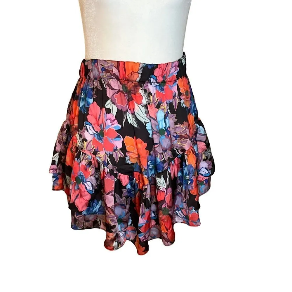 LoboRosa Floral Mini Skirt in Black Small Womens Floral Satin Tiered - Image 5