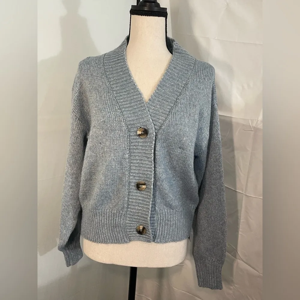 Zenana Melange Button Sweater Cardigan | Blue Grey Size‎ Large - Image 2