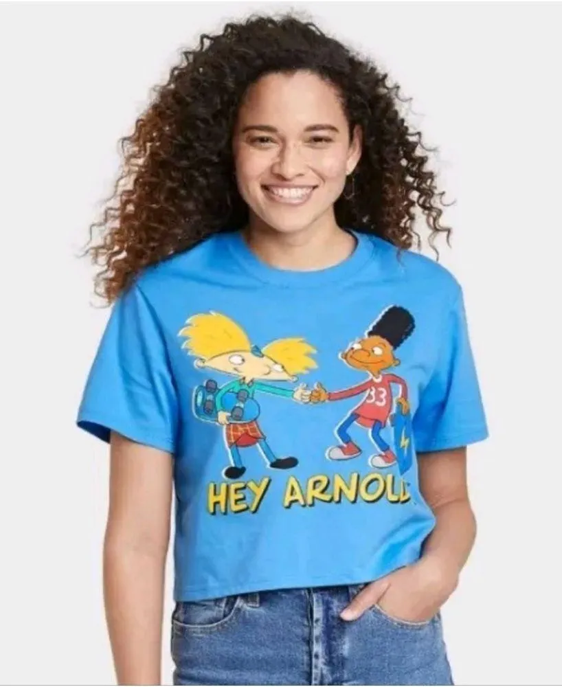 NWT NICKELODEON Hey Arnold! Azure Blue Graphic Baby Tee Cropped T-shirt - Small - Image 2