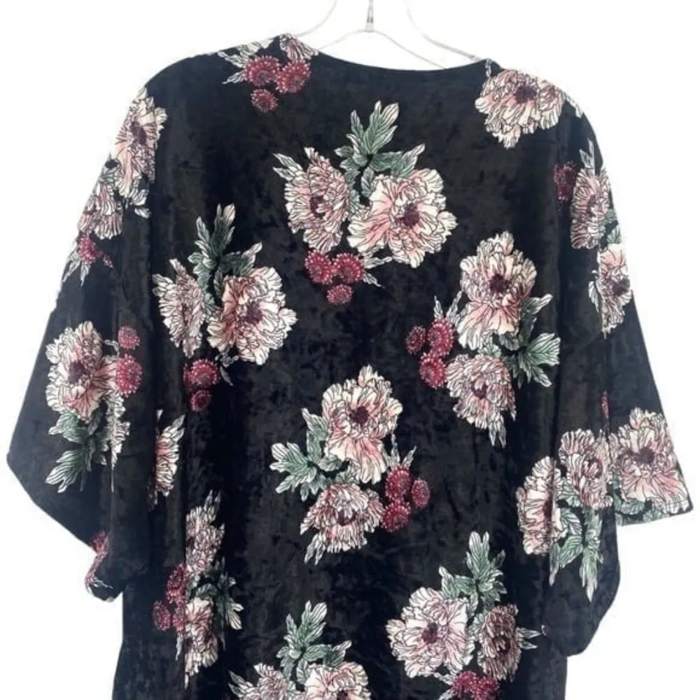 Women’s Black Velvet Floral Open Front Kimono Cardigan - Image 9