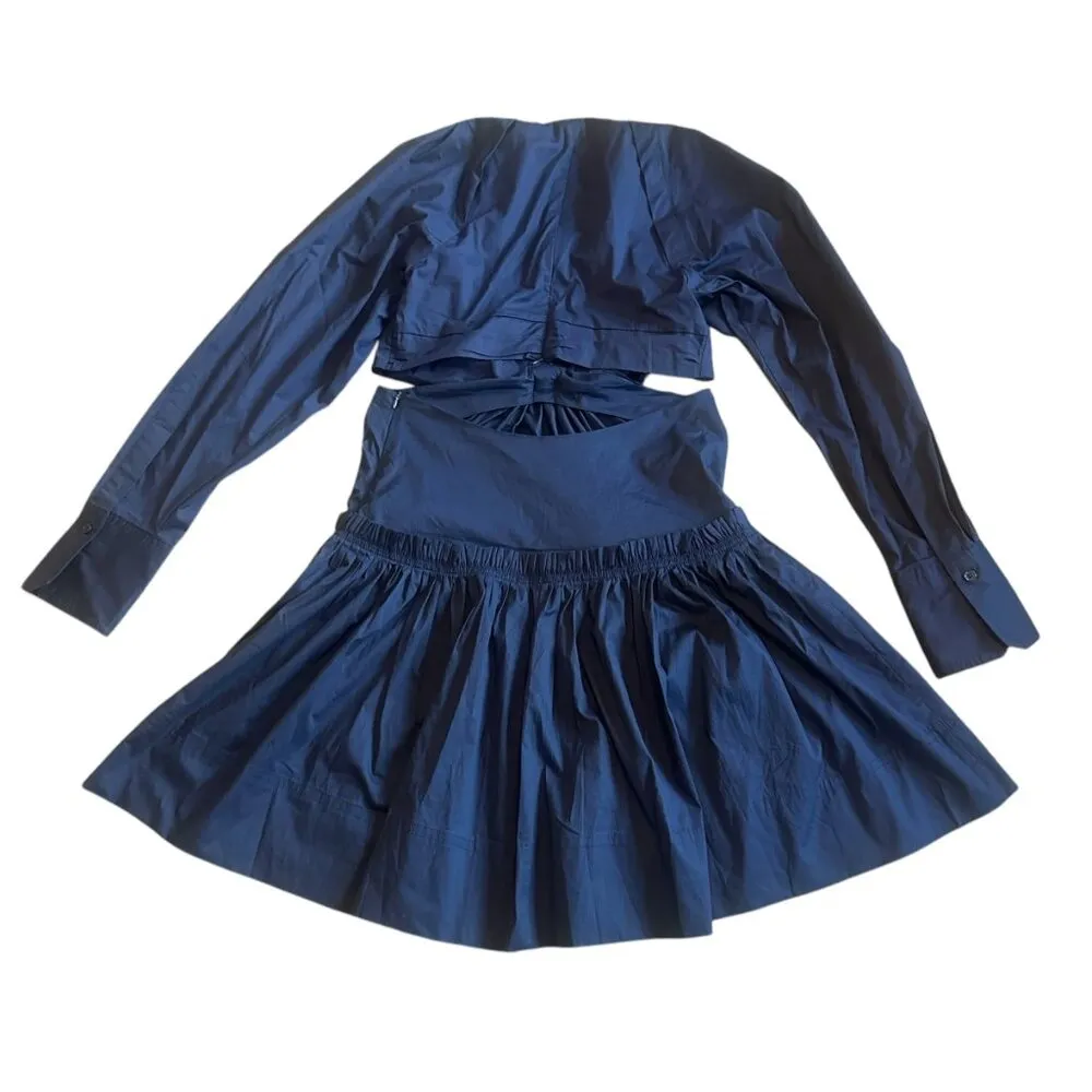 Jason Wu Navy Blue Mini Dress Long Sleeve Cutout Flowy Skirt Cotton Size Small - Image 6