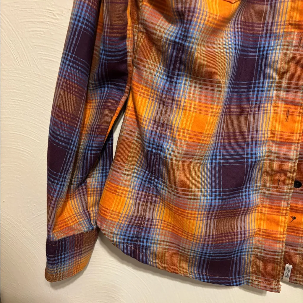 Woolrich Women’s Plaid Button Up Flannel Shirt Orange Blue Medium - Image 7
